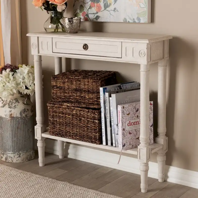 Whitewashed Farmhouse Console Table with 1 Drawer, Bottom Shelf & Ball-Turned Legs – Single Unit
