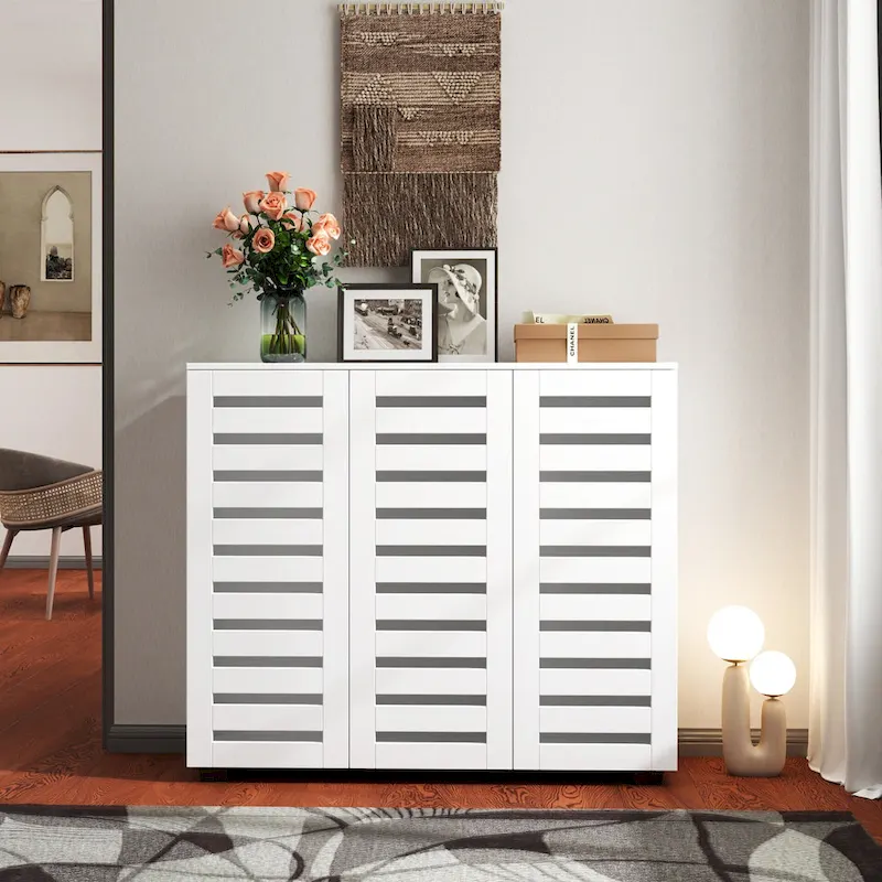 Free Standing Shoe Rack Adjustable Storage Organizer 4 Tier Shoe Rack Shelves, Shoe Cabinet with Louvered Doors