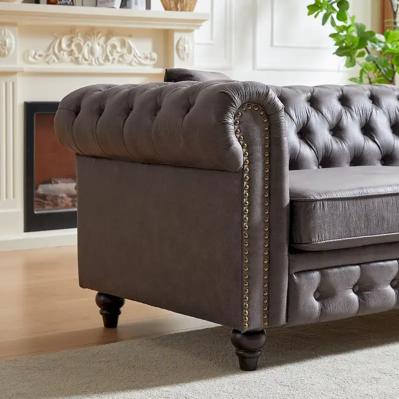 Gray Tufted Sofa with Rolled Arms - 3 Seater