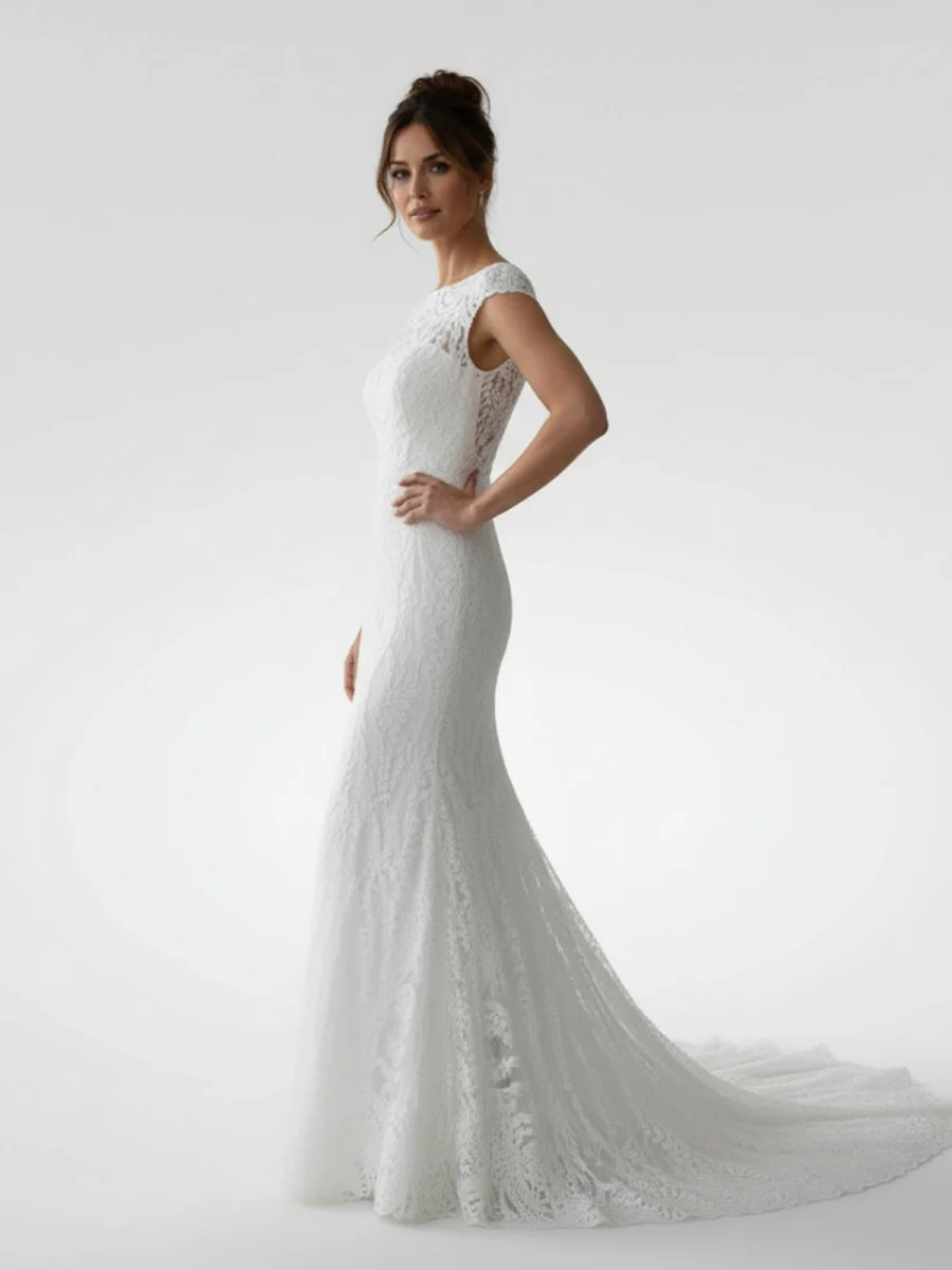 White Mermaid Cap Sleeve Lace Wedding Dress