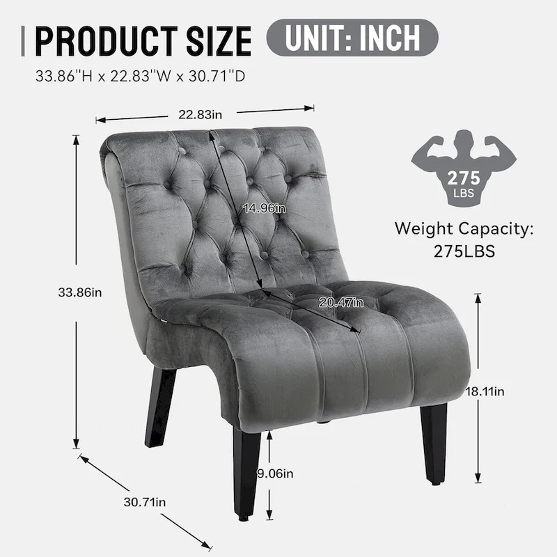 Velvet Armless Accent Chair, Button Tufted Slipper Chair, Side Chair, Lounge Chair