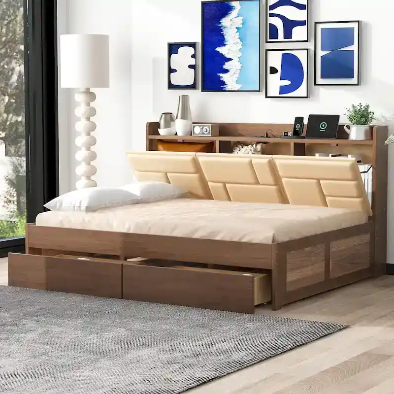 Full Size Wood Daybed with USB Ports and Drawers