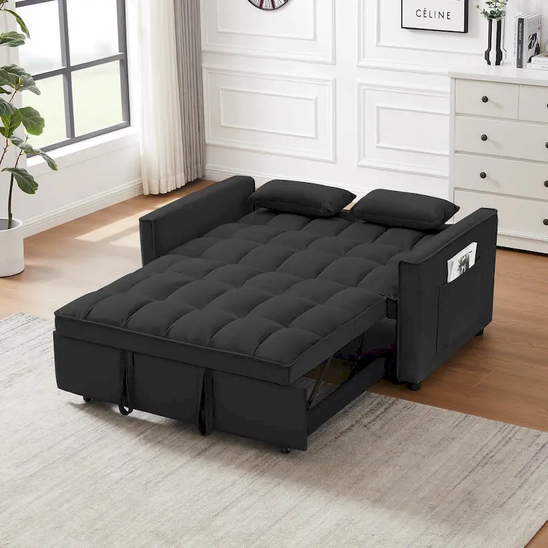 Black 55.2  Velvet Pull-Out Sofa Bed with Toss Pillows and Pockets