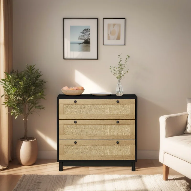 3-Drawer Dresser with Rope-Woven Panel, Cherry Brown / Black
