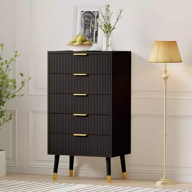 CuisinSmart Fluted 5 Drawer Dresser, Modern Wood Chest of Drawers with Gold Handles, Tall Storage Cabinet for Bedroom Living Room Entryway