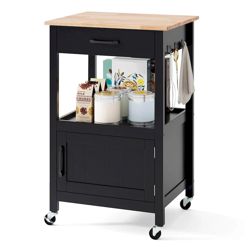 Black / White Rolling Kitchen Island Cart, Barn Door Style