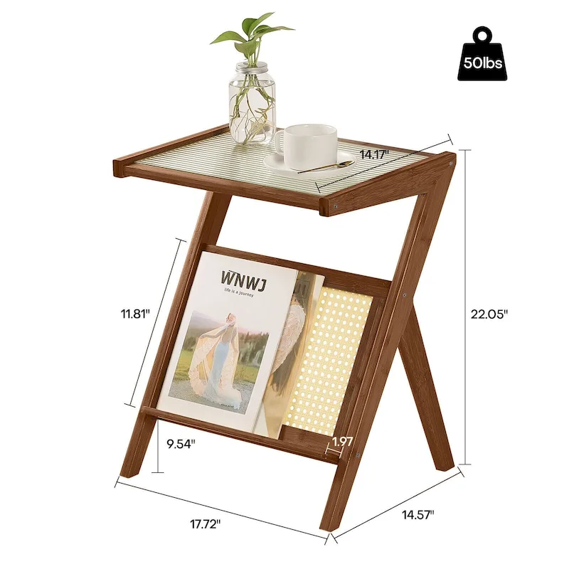 Bamboo Glass Top Side Table Accent End Table with Magazine Rack