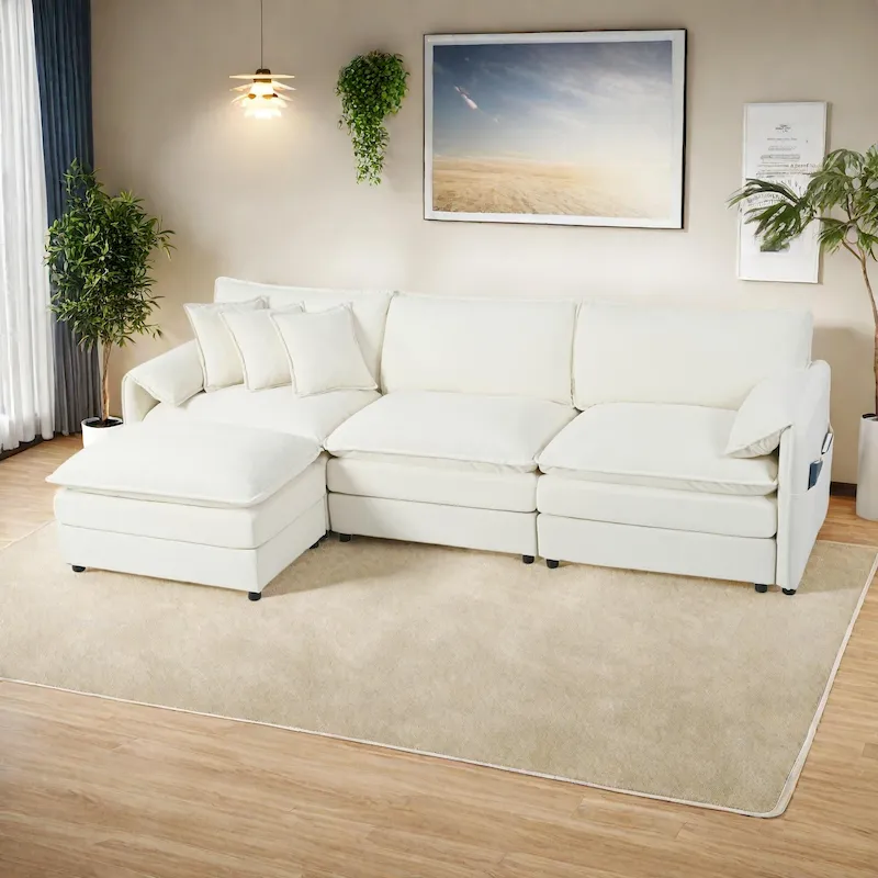 109.45 Chenille Upholstered L-Shaped Modular Sectional Sofa with Double-Layer Cushions, DIY Combination