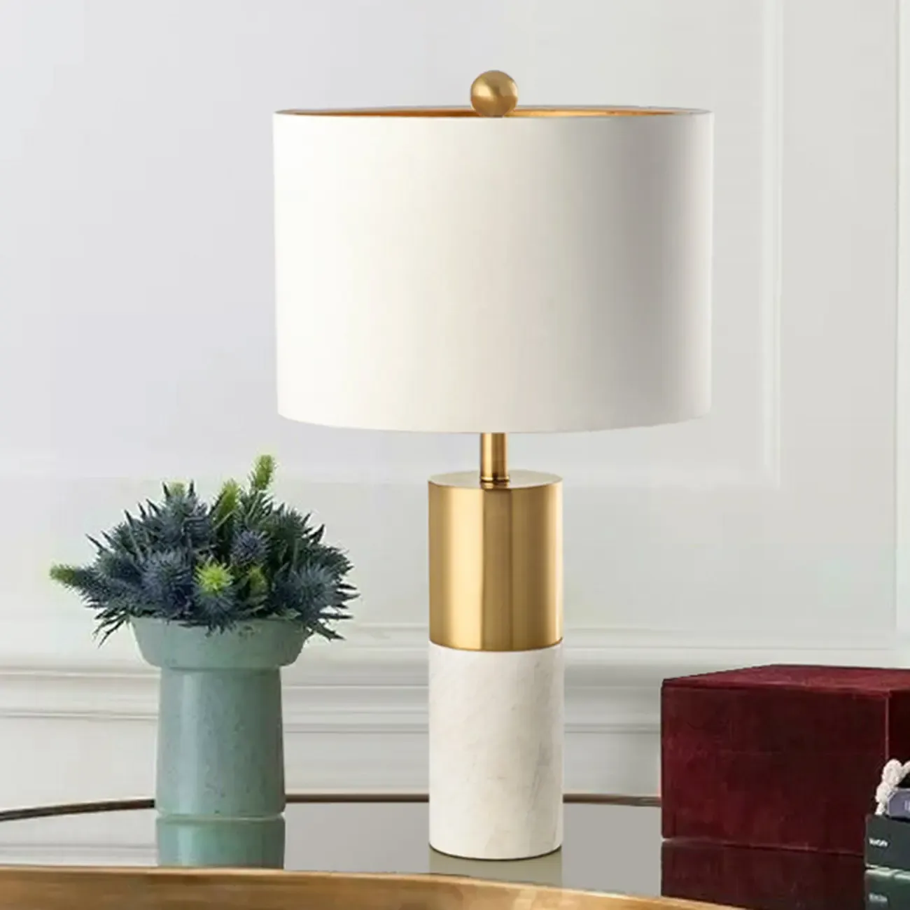 Modern Cylinder Stone Table Lamp with Fabric Shade