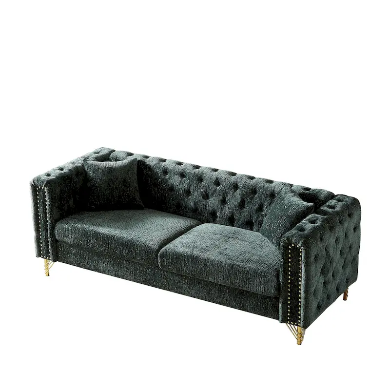 Green Chenille Tufted Upholstered 3-seater Sofa with Metal Legs