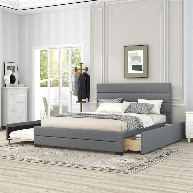 Beige/Grey Linen Upholstered Queen Platform Bed with Trundle & 2 Drawers, Sleeps 2