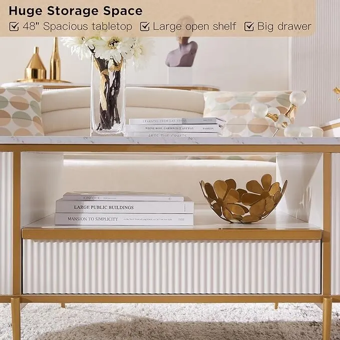 Modern Luxury Fluted Coffee Table, Center Table with Faux Marble Top