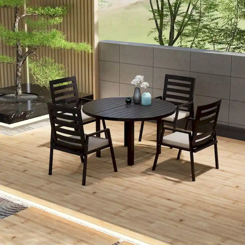 Round Outdoor Dining Table, Slatted Aluminum Top, Umbrella Hole, Powder-Coated, 48 in / 60 in, 4-6 Person Use