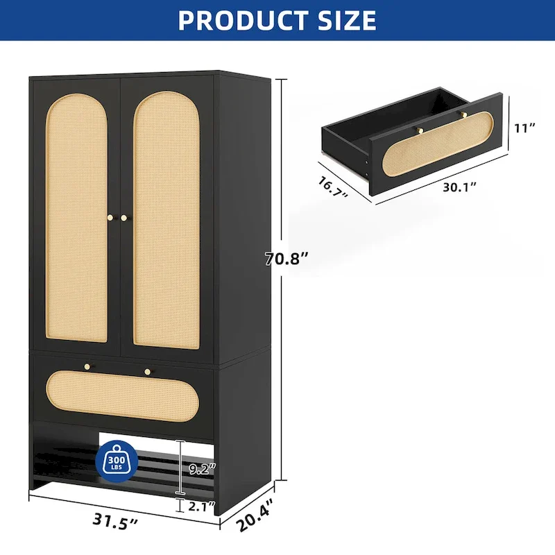 Moasis 70   Rattan Armoire Bedroom Wardrobe with Drawer & Hanging Rod