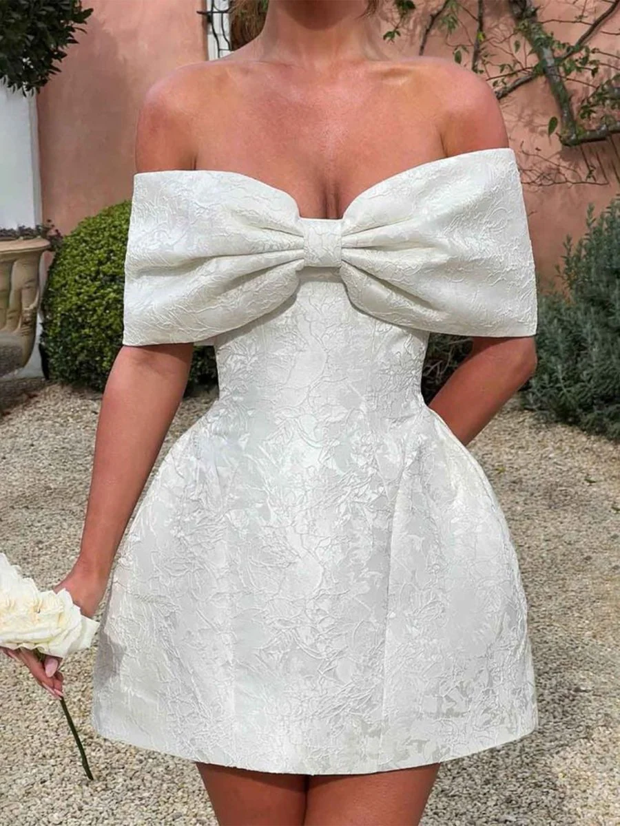 White - Off The Shoulder Jacquard A Line Homecoming Dress With Appliques