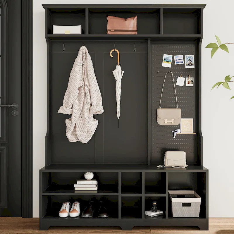 Black/White/Brown MDF Hall Tree with Shoe Bench, Pegboard, Coat Hooks & Storage Shelves