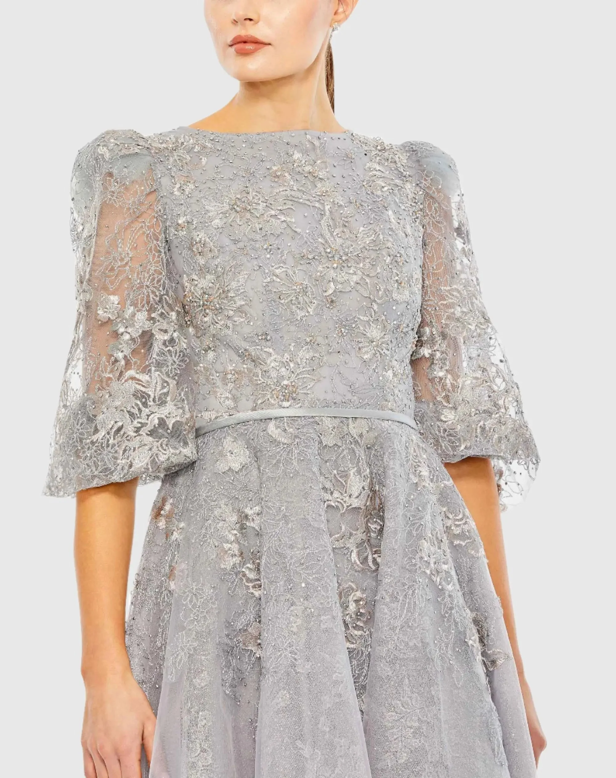 Gray High Neck Puff Sleeve Embellished Dress