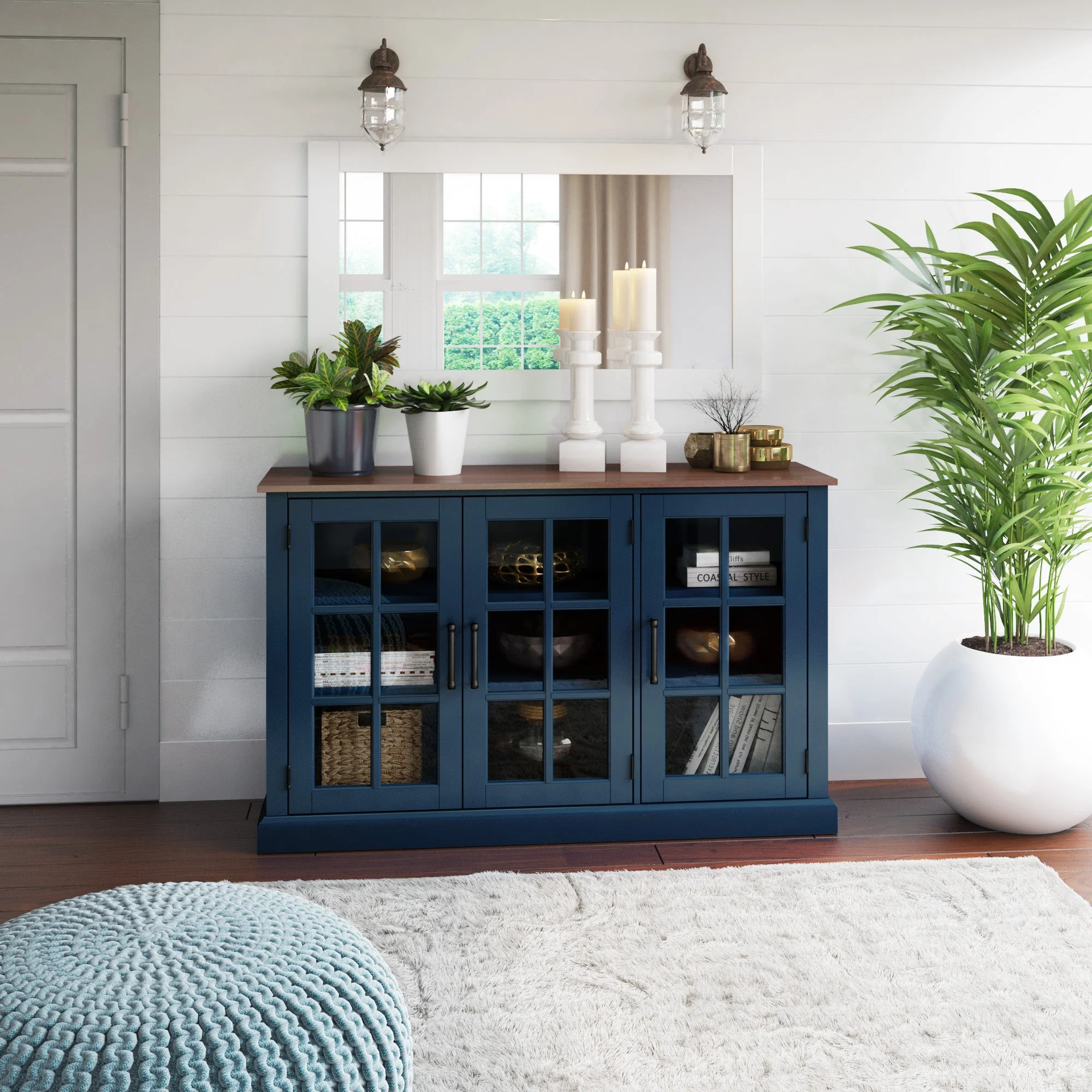 Farmhouse Window Pane Glass Doors Two Tone Buffet Sideboard