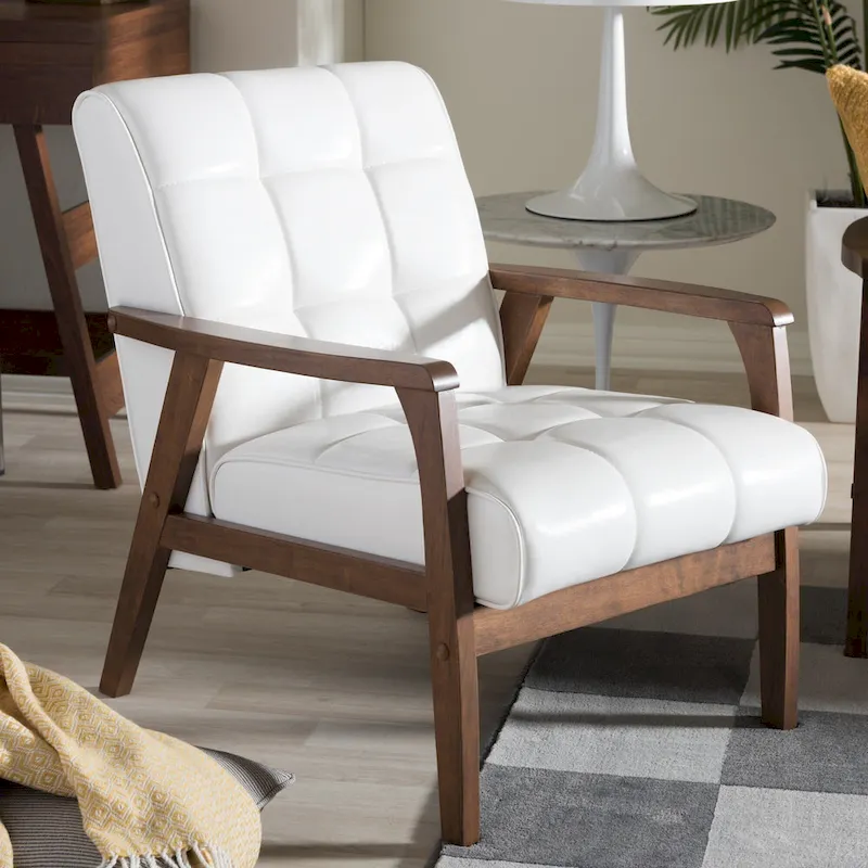 Mid-Century White Faux Leather Tufted Club Chair with Rubberwood Frame