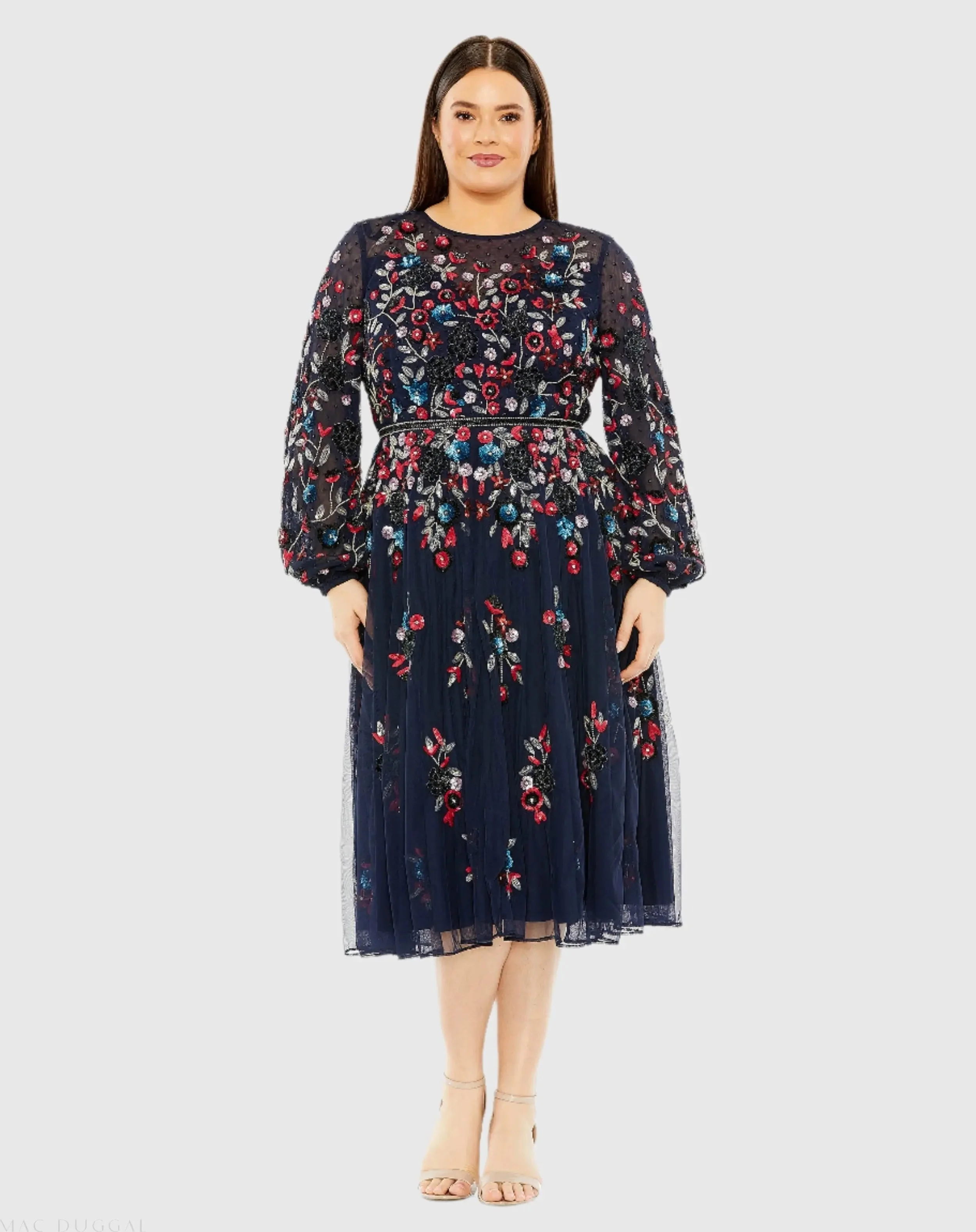 Navy Long Sleeve Beaded Cocktail Dress