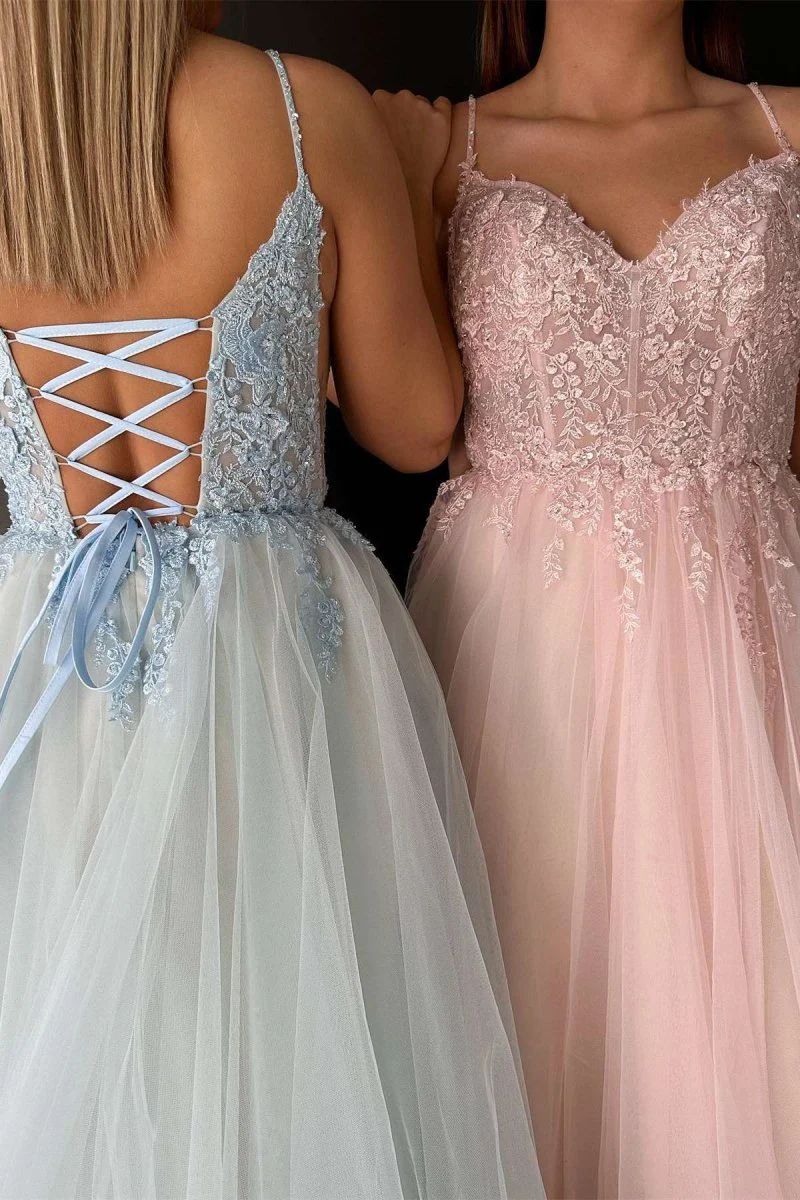 V-Neck Lace-Up Appliques Tulle A-Line Prom Dress