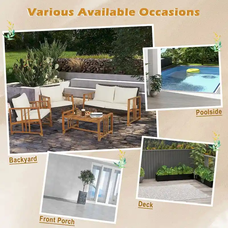 Costway 4PCS Patio Mix Brown Wicker Sofa Set Acacia Wood Frame with - See Details