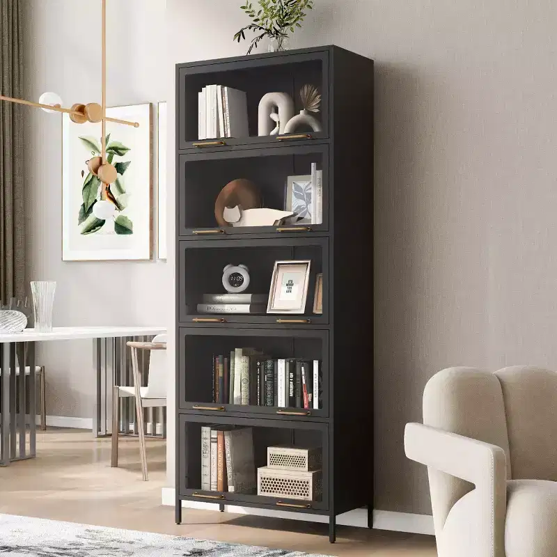 76 Display Cabinet with Glass Doors, 5-Tier Metal Bookcase for Collectibles, Modern Curio Cabinet for Living Room or Office-Panipeachy