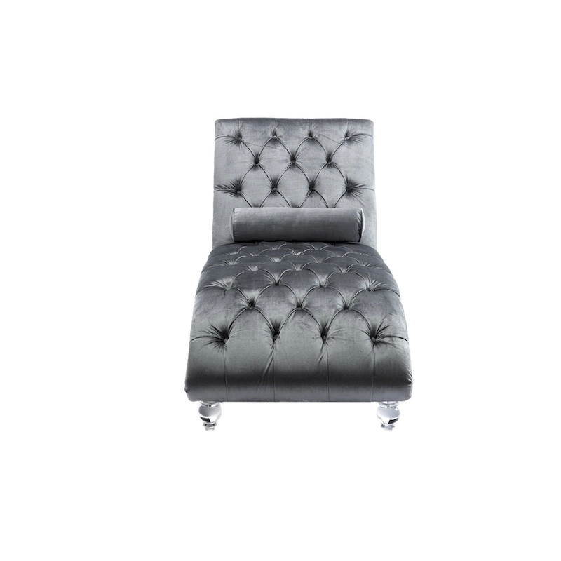 Button-Tufted Upholstered Velvet Recliner Chaise with Pillow and Acrylic Feet