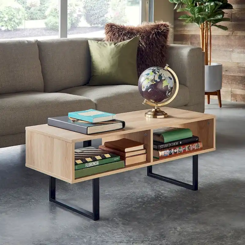 Grey / Natural Industrial Coffee Table with 2 Open Shelves