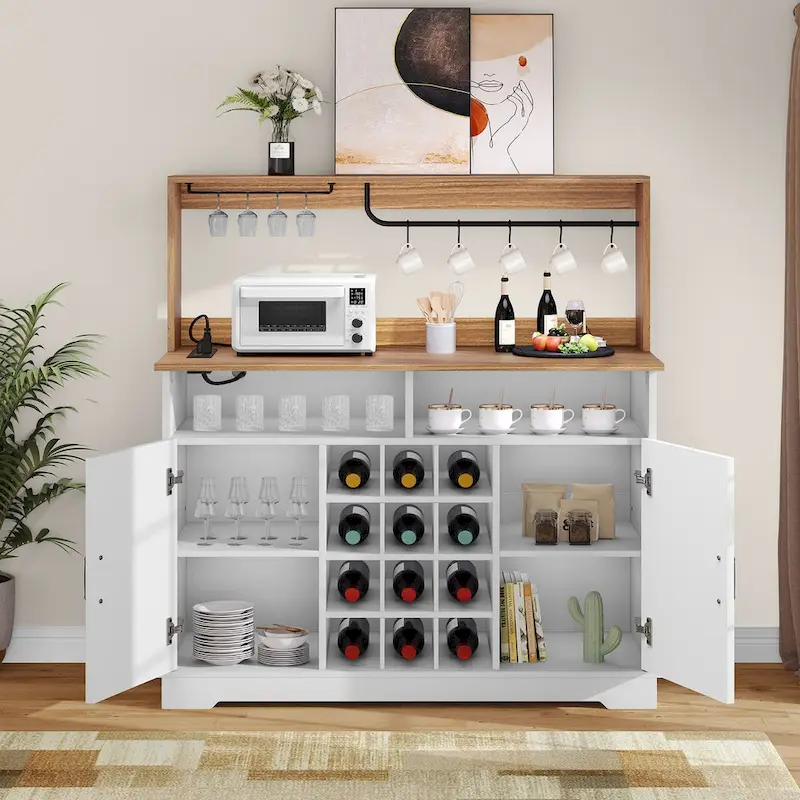 Bar Cabinet with Wine Rack and Power Outlets - 12-Bottle Storage (Black & Grey/White & Wood)