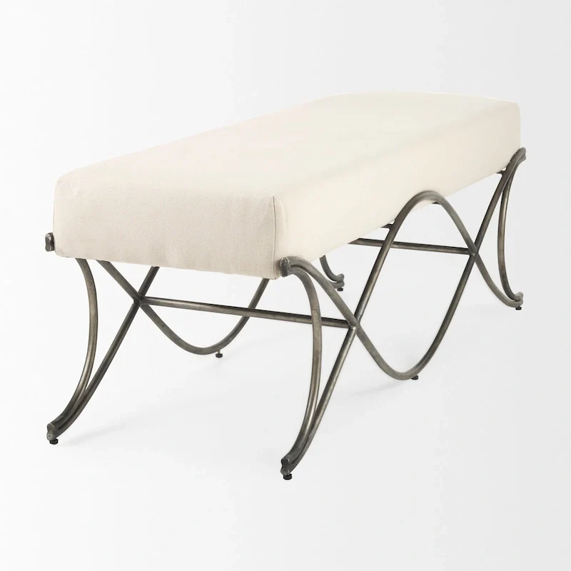 Gray Fabric Upholstered Bench with Gold Metal Legs