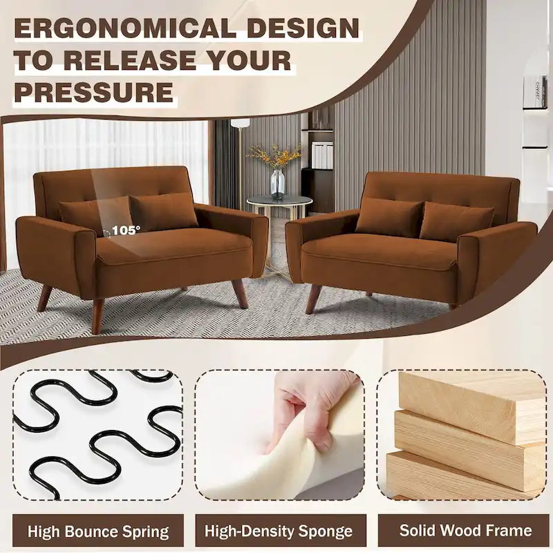 48.82 Small Tufted Loveseat Sofa 2 Set with Tapered Wood Legs