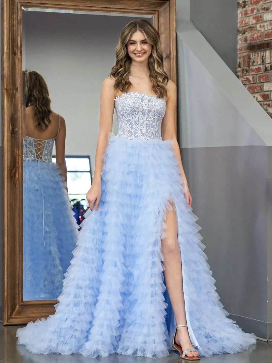 Sky Blue A-Line Tiered Sequins Tulle Long Prom Dress