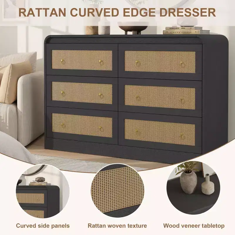 46'' Wide Rattan 6-Drawer Dresser, Modern Boho Chest of Drawers with Gold Handles, Storage Organizer for Bedroom, Living Room, Hallway (Black)