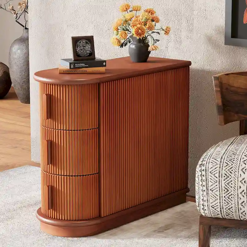 Semi-Oval 3-Drawer Solid Wood Side Table – Walnut / White, Roman Line Detail, Seats 1