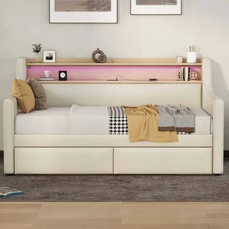 Beige/White Twin Upholstered Daybed with Storage and LED