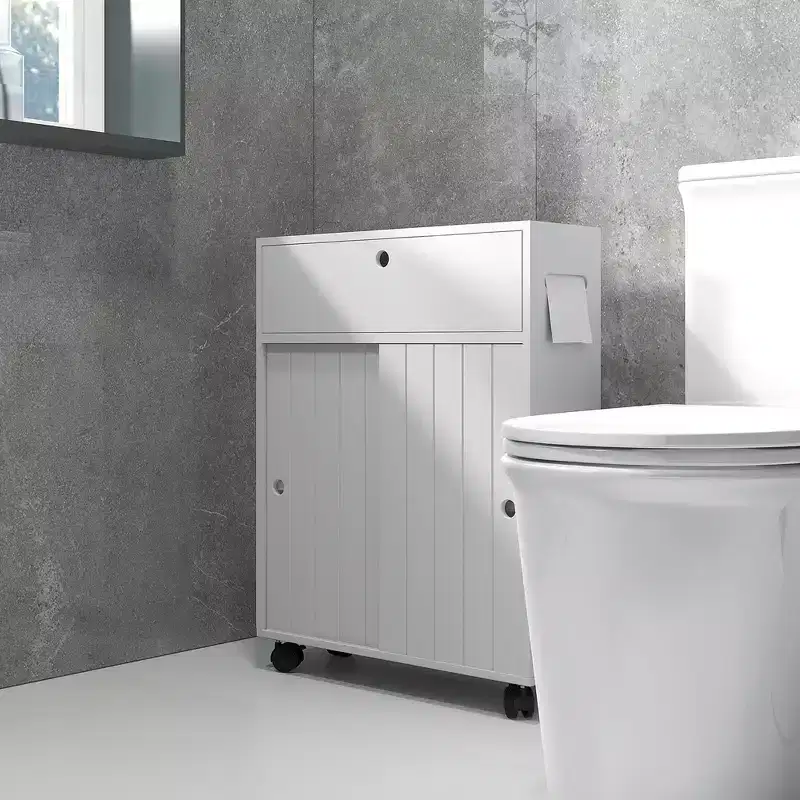 kleankin Small Bathroom Storage Cabinet on Wheels, Slim Toilet Paper Cabinet with 2 Holes, Sliding Doors and Adjustable Shelf, White