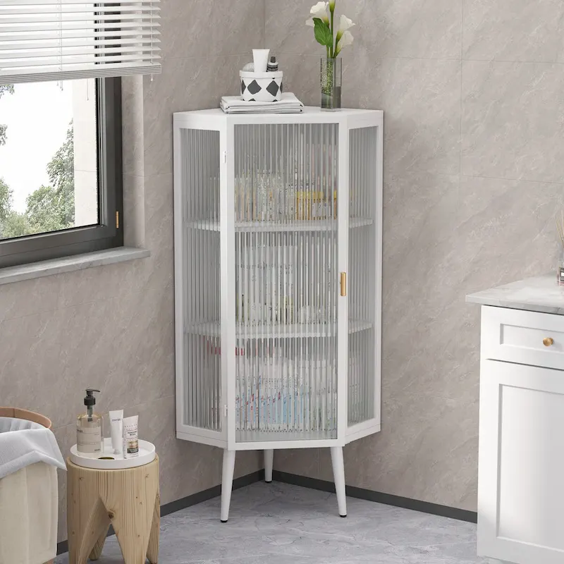 22.25  Floor Coner Cabinet,Three Tiers with Tempered Glass Doors and Storage Shelves