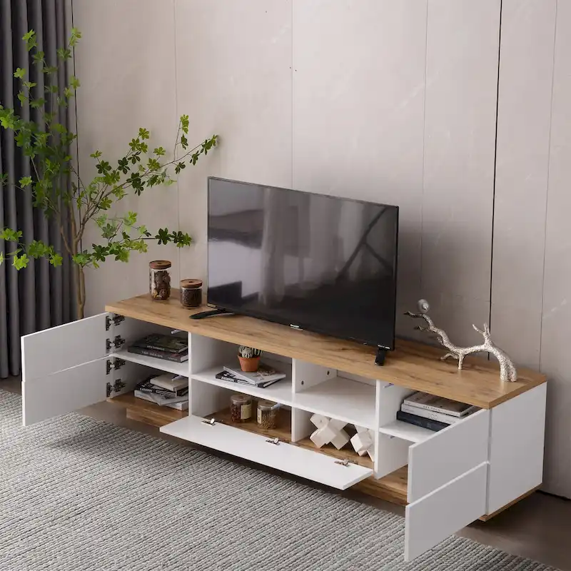 White / Natural Modern TV Stand with Push-Open Doors – Minimalist Style, Fits TVs up to 80