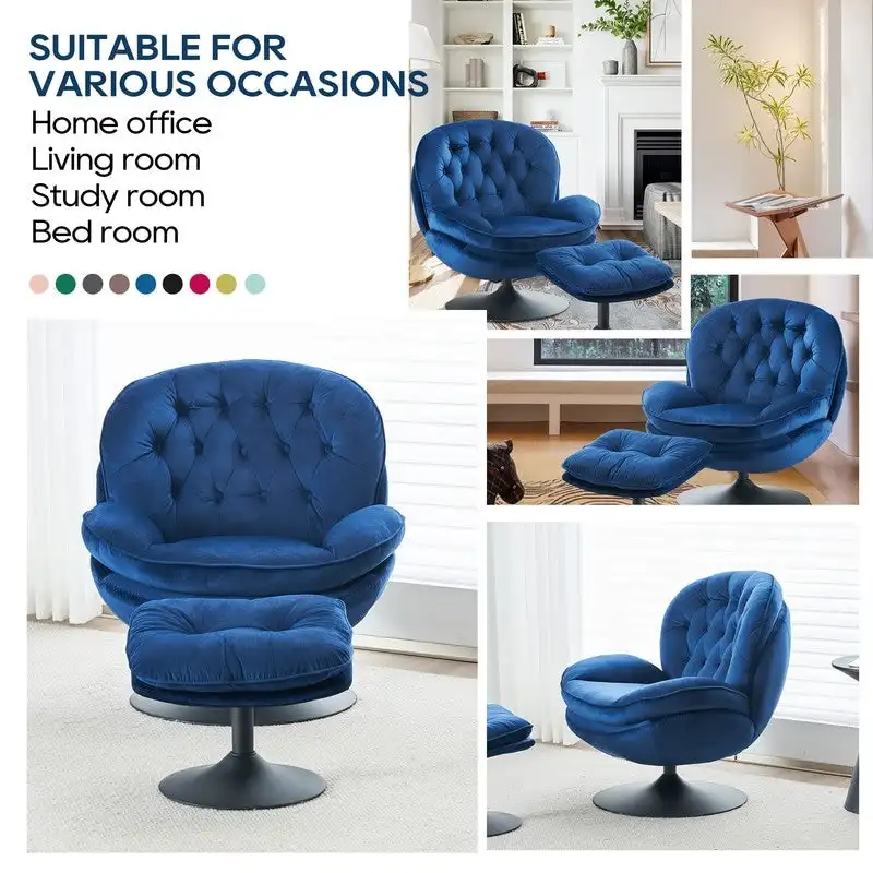 Velvet Swivel Accent Chair with Ottoman Round Reading Accent Chair Foot Stool Ottoman Set,360 Swivel,Metal Frame
