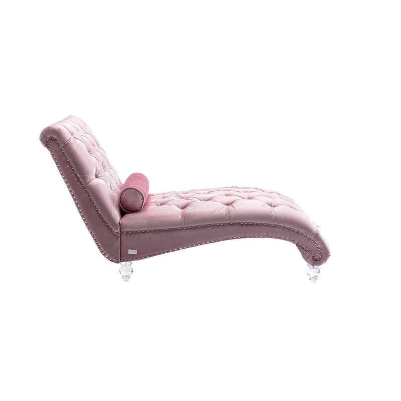 Button-Tufted Upholstered Velvet Recliner Chaise with Pillow and Acrylic Feet