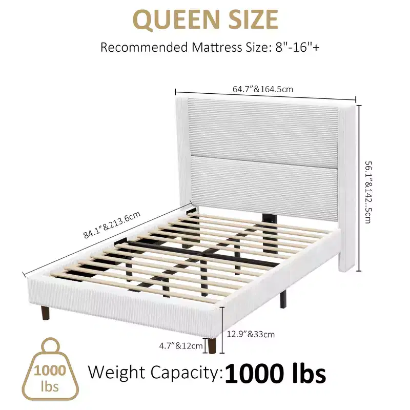 Dyonery Queen Bed Frame with 56 Tall Corduroy Headboard,Upholstered Bed Frames with Wingback Thicker Wood,No Box Spring Needed,Easy Assembly