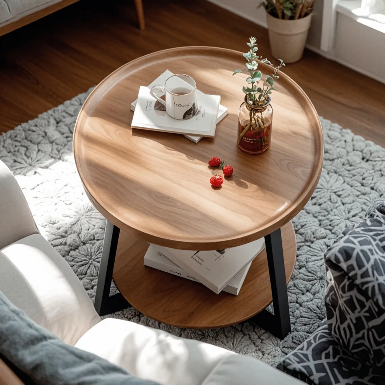 Modern Wooden Top Tray Coffee Table with Cross Legs & Shelf