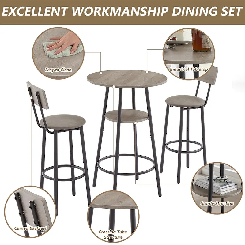 3 Pcs Dining Set, 2-Tier Round Bistro Bar Table & Upholstered Chair