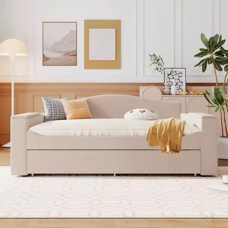 MAYEERTY Full Size Teddy Fleece Upholstered Daybed, Storage Armrests Trundle Bluetooth Audio, Bedroom, Beige