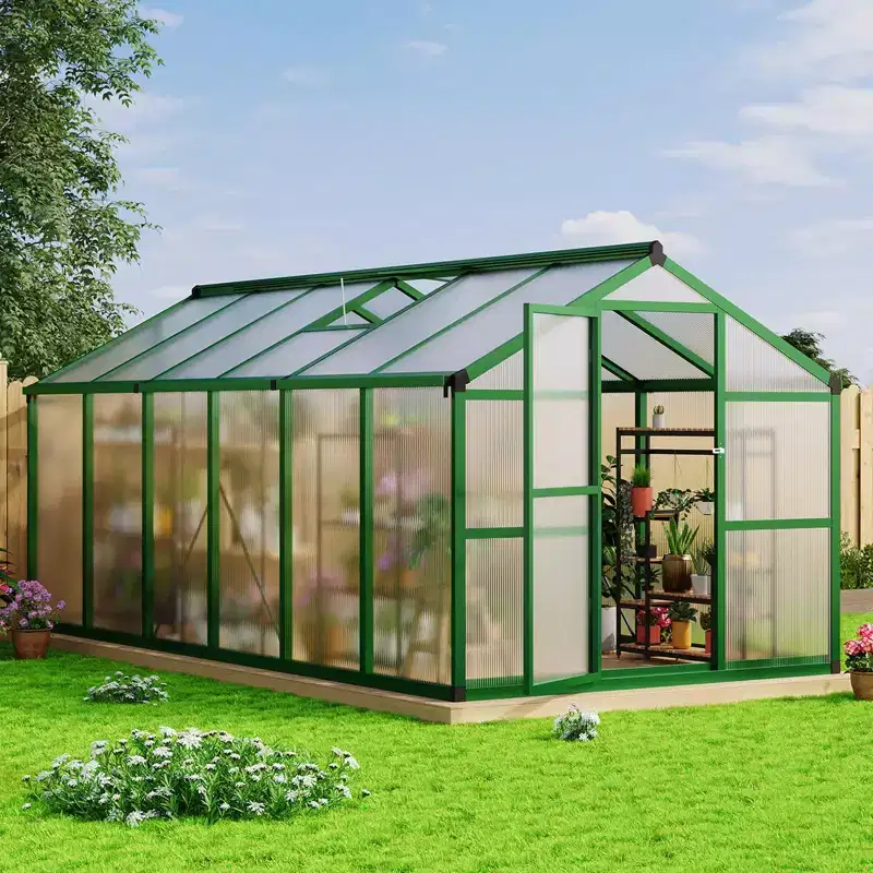 8x12 FT Greenhouse - Large Aluminum Greenhouses for Outdoors, Heavy Duty Polycarbonate Greenhouse with Roof Vent&Ground Nails, Walk-in Green Houses