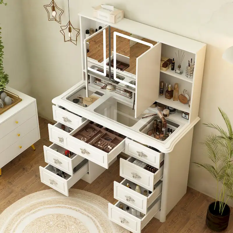 43.3W Makeup Vanity White Vanity Desk with Hidden Storage Shelves