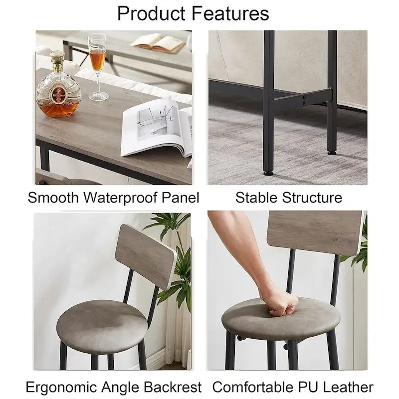 3-Piece Bistro Set, Dining Table and Upholstered Stools w/ Backrest