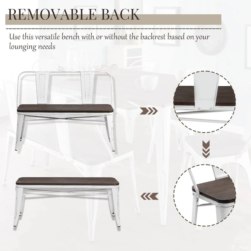 Dining Bench, Entryway Bench with Back, Farmhouse Metal Dining Bench, Industrial Mid-Century 3 Person Bench, Wood Seat