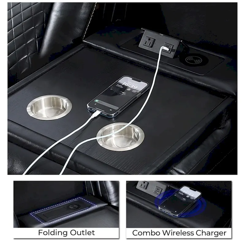 Power Reclining Sofa with Wireless Charger & LED Light – Faux Leather, Black